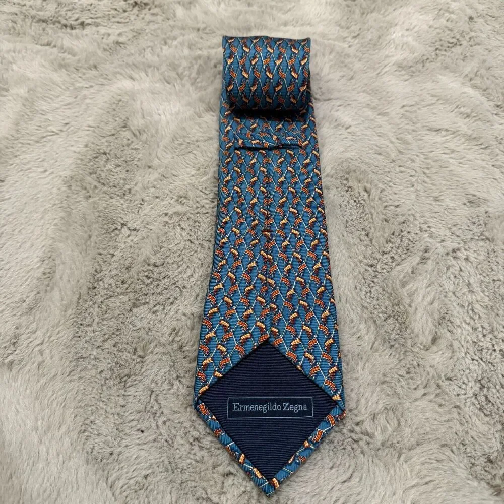 Ermenegildo Zegna‎ Made in Italy Silk Tie Blue with Polo Mallet Pattern Designer